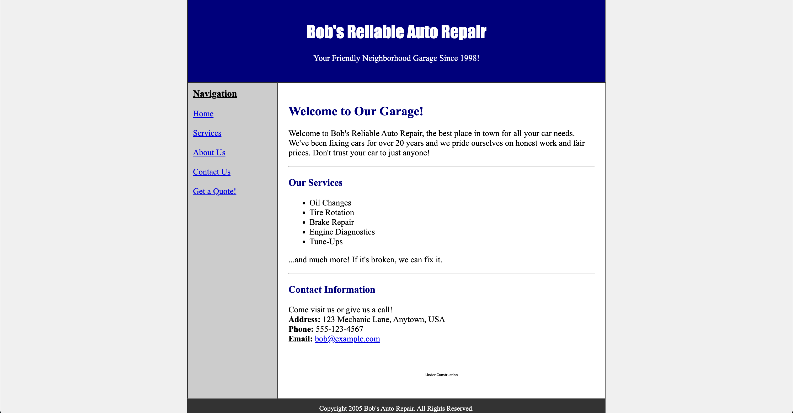Old mechanic garage website before redesign
