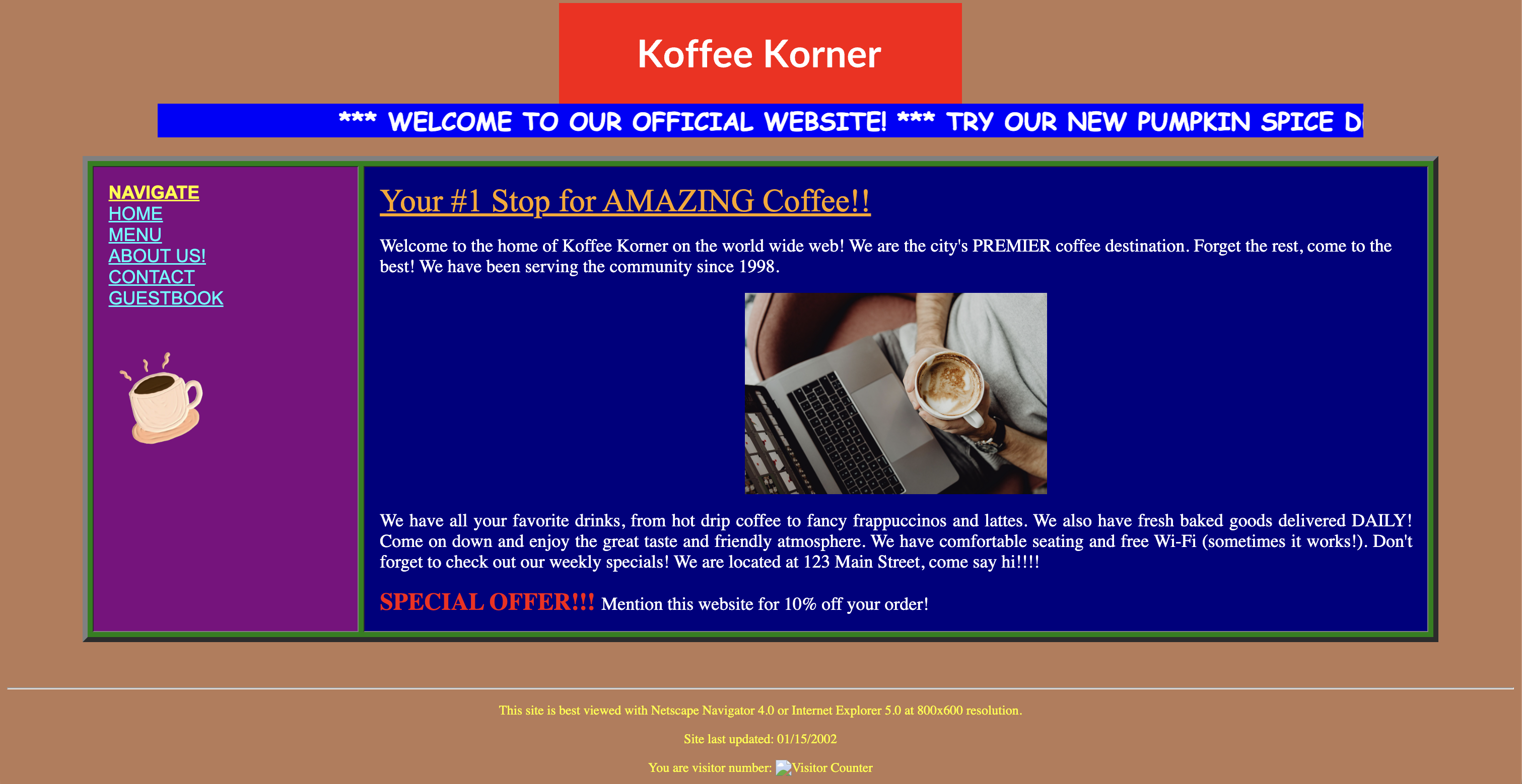 Old coffee shop website before redesign